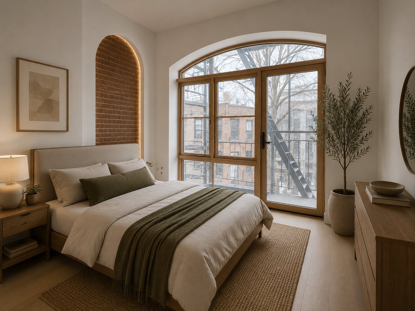 The Archer — sunlit bedroom with oversized arched window, white oak floors, and backlit brick alcove